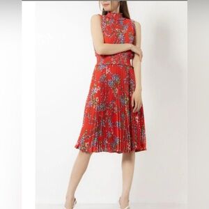 Nanette Lepore New Red Floral Pleated Dress Size 14 Country Glammor Knee Length